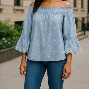 BP off the shoulder Cotton Top with decorative embroidery & sleeves Womens Large